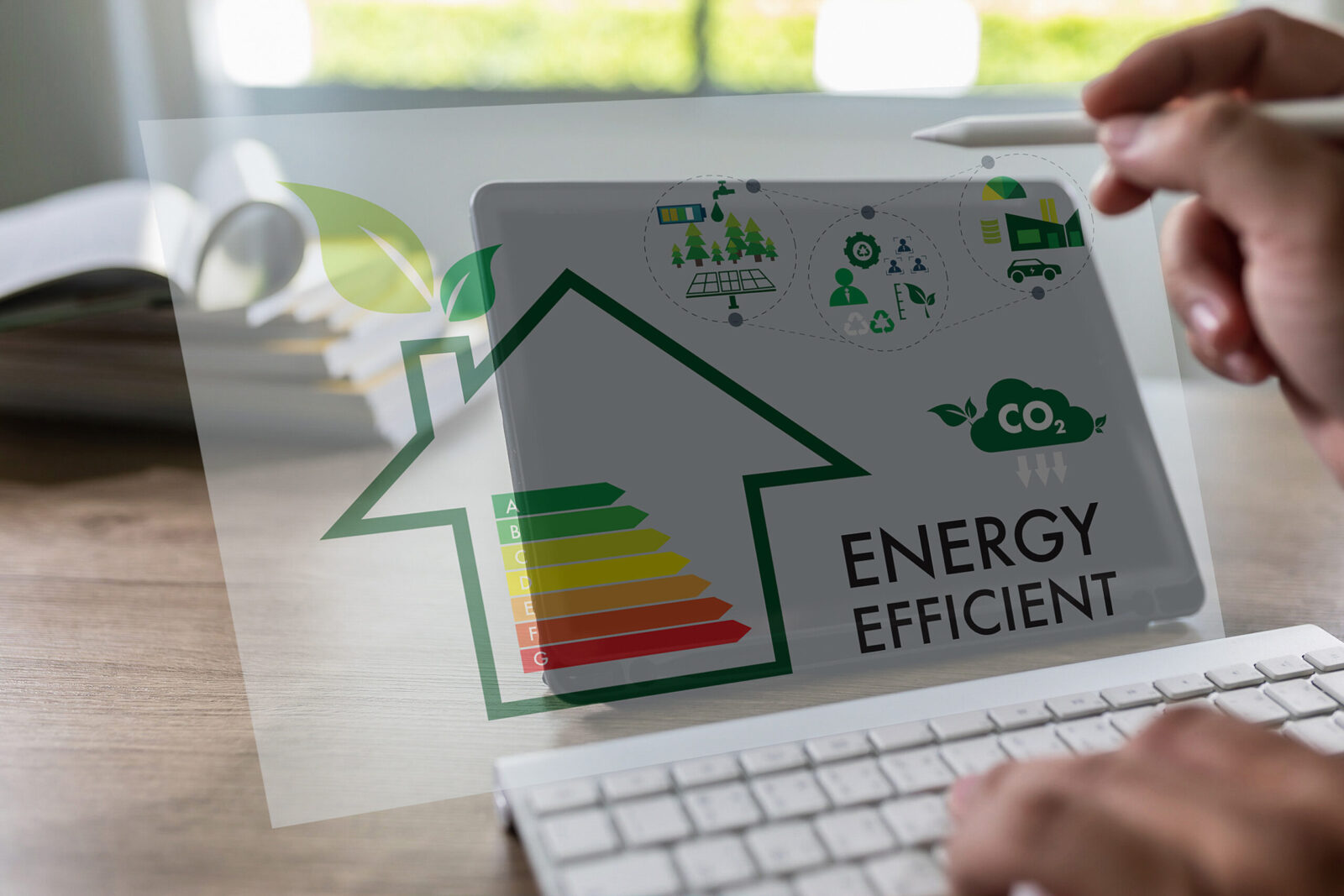Energy efficiency mobile app on screen man saving energy diagram cost economy calculator money industry on computer concept ecology sustainable Descarbonização por meio da eficiência energética
