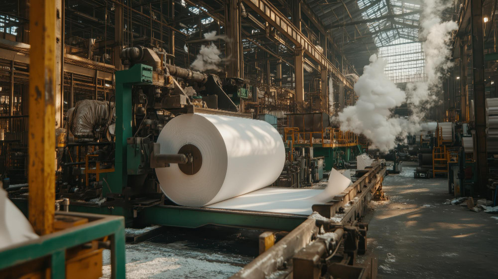 Máquina automatizada de corte de papel em grandes fábricas industriais